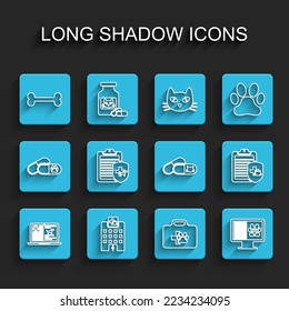 Set line Clinical record dog on laptop, Veterinary medicine hospital, Dog bone, Pet first aid kit, pet monitor,  and Cat and pills icon. Vector