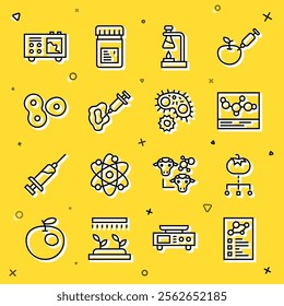 Set line Clinical record, Genetically modified food, Chemical formula, Test tube flask on fire, Syringe, Cell division, Spectrometer and Virus icon. Vector