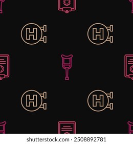 Set line Clinical record, Hospital signboard and Crutch crutches on seamless pattern. Vector