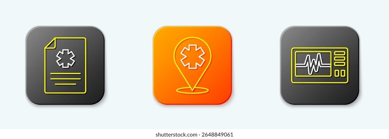 Set line Clinical record, Location with cross hospital and Monitor cardiogram icon. Vector