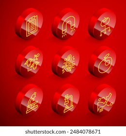 Set line Klinische Aufzeichnung, Magnet, Genetisch veränderte Lebensmittel, Klonen, Bakterien, Apfel, Mikroskop und Reagenzglas Flasche Feuer Symbol. Vektorgrafik