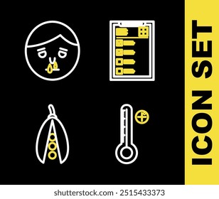 Set line Clinical record, Medical digital thermometer, Kidney beans and Runny nose icon. Vector