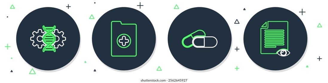 Set line Clinical record, Medicine pill tablet, Gene editing and Paper page with eye icon. Vector