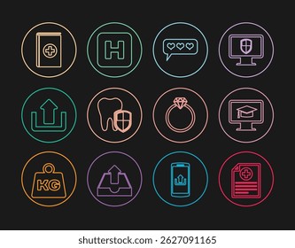 Set line Clinical record, Monitor with graduation cap, Like and heart, Dental protection, Upload, Medical book, Diamond engagement ring and Hospital icon. Vector
