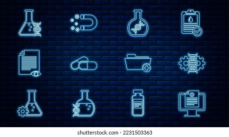 Set line Clinical record on monitor, Gene editing, DNA research, search, Medicine pill tablet, Paper page with eye, Health folder and Magnet money icon. Vector