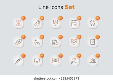 Set line Clinical record on laptop, Cross hospital medical, Red eye effect, Glasses, Syringe, Emergency call 911, Immune system and Patient icon. Vector