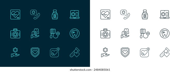 Set line Clinical record on laptop, Immune system, Blood pressure, Mobile with heart rate, donation, Bottle of medicine syrup, Heart and Emergency call 911 icon. Vector