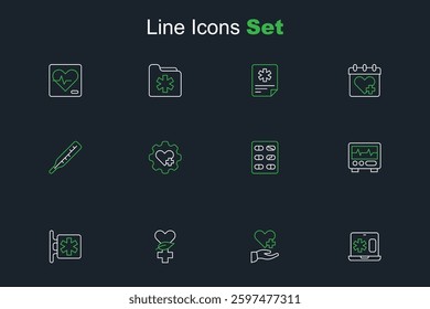 Set line Clinical record on laptop, Heart with cross, Ethnoscience, Emergency - Star of Life, Monitor cardiogram, Pills blister pack,  and Medical thermometer icon. Vector