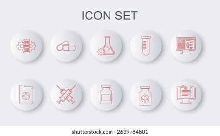 Set line Clinical record on monitor, Bioengineering, Medicine bottle, Gene editing, pill tablet, Crossed syringe and  icon. Vector