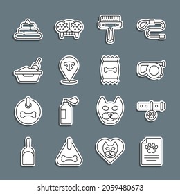 Set line Clinical record pet, Collar with name tag, Retractable leash, Hair brush for dog and cat, Cat nose, litter tray shovel, Shit and Bag of food icon. Vector