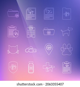 Set line Clinical record pet, Paw print, Dog, Medical certificate for dog cat, Veterinary medicine hospital, veterinary folder and  icon. Vector