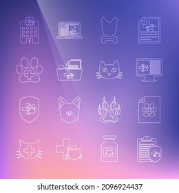 Set line Clinical record pet, Medical certificate for dog cat, on monitor, Dog and bone, veterinary folder, Veterinary clinic, medicine hospital and Cat icon. Vector