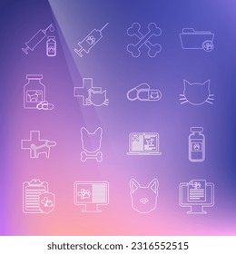 Set line Clinical record pet on monitor, Pets vial medical, Cat, Crossed bones, Veterinary clinic, Dog medicine bottle and pills, Syringe with vaccine and  icon. Vector