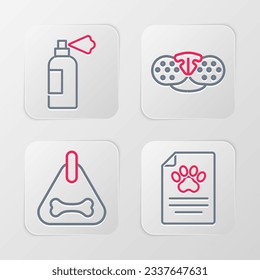 Set line Clinical record pet, Dog collar, Cat nose and Pet shampoo icon. Vector