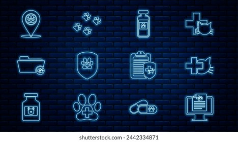 Set line Clinical record pet on monitor, Veterinary clinic, Pets vial medical, Animal health insurance, Medical veterinary folder, Location,  and Paw print icon. Vector
