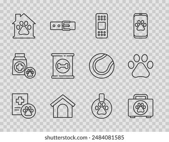 Set line Clinical record pet, Pet first aid kit, Bandage plaster, Dog house, Canned food, Collar with name tag and Paw print icon. Vector