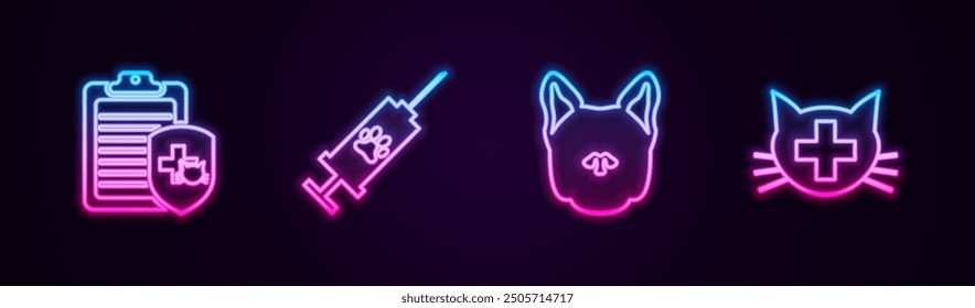 Set line Clinical record pet, Syringe with vaccine, Dog and Veterinary clinic. Glowing neon icon. Vector