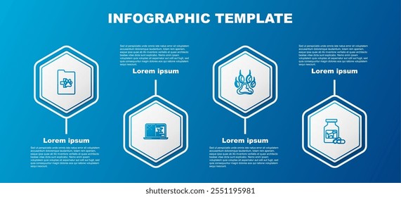 Set line Clinical record pet, dog on laptop, Paw print and Dog medicine bottle and pills. Business infographic template. Vector