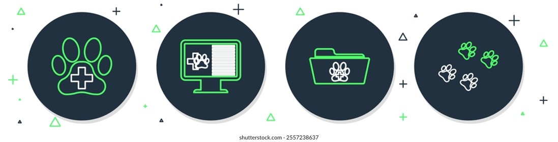 Set line Clinical record pet on monitor, Medical veterinary folder, Veterinary clinic and Paw print icon. Vector