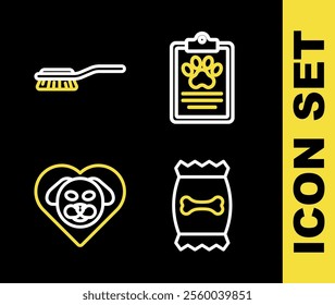 Set line Clinical record pet, Bag of food for, Heart with dog and Hair brush and cat icon. Vector