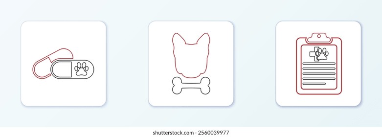 Set line Clinical record pet, Dog and pills and bone icon. Vector