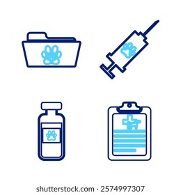 Set line Clinical record pet, Pets vial medical, Syringe with vaccine and Medical veterinary folder icon. Vector