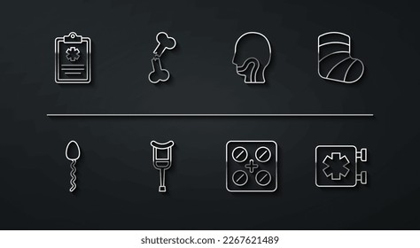 Fijar línea Registro clínico, esperma, yeso, blíster de Pills, muletas de entrepierna, hueso roto humano, símbolo médico del ícono de urgencias y dolor de garganta. Vector