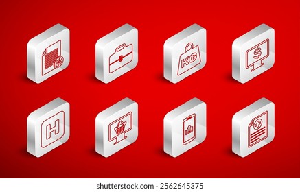 Set line Clinical record, Toolbox, Weight, Monitor with dollar, Smartphone upload, Transfer files, shopping basket and Hospital icon. Vector