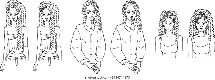 Set Line Clip Art Black Girls Fashion illustration for Design Drawing by hand woman with wavy hair. Minimalist stylized character Face