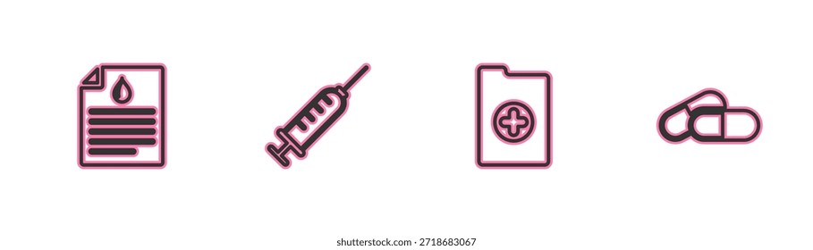 Establezca el Portapapeles de línea con la prueba de sangre, el registro clínico, la jeringuilla y el icono de la tableta de la píldora de la medicina. Vector