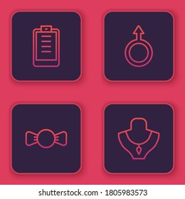 Set line Clipboard with checklist, Bow tie, Male gender symbol and Necklace on mannequin. Blue square button. Vector