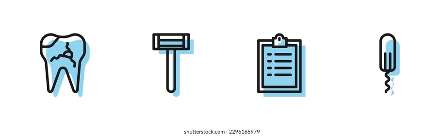 Set line Clipboard with checklist, Broken tooth, Shaving razor and Sanitary tampon icon. Vector
