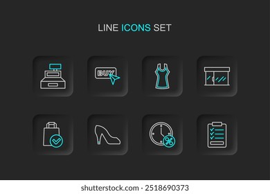 Set line Clipboard with checklist, Clock and percent discount, Woman shoe, Paper shopping bag, Market store, dress, Buy button and Cash register machine icon. Vector