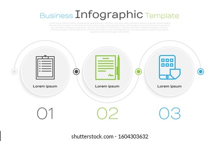 Set line Clipboard with checklist, Contract with pen and Smartphone insurance. Business infographic template. Vector