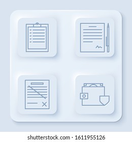 Set line Clipboard with checklist, Contract with pen, Delete file document and Wallet and money with shield. White square button. Vector