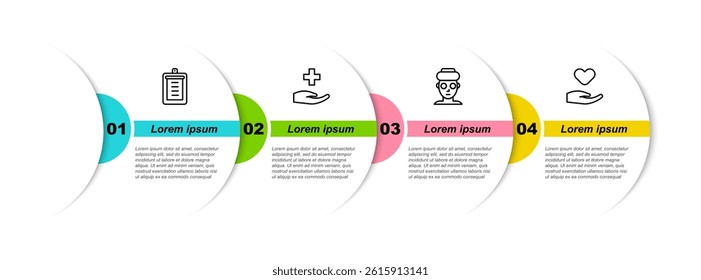 Set line Clipboard with checklist, Cross hospital medical, Facial cosmetic mask and Heart in hand. Business infographic template. Vector