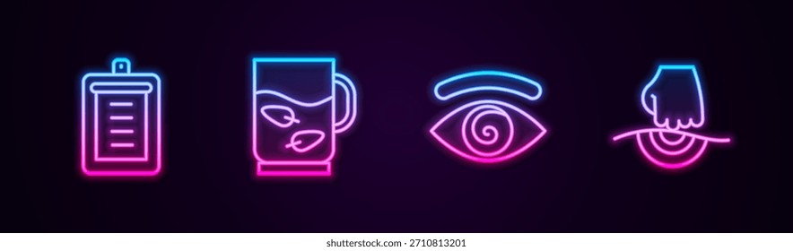Set line Clipboard with checklist, Cup of tea and leaf, Hypnosis and Massage. Glowing neon icon. Vector