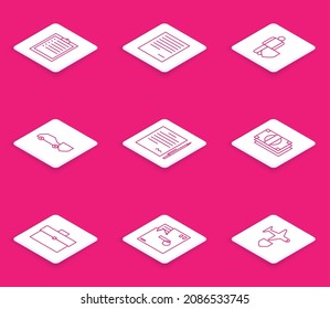 Set line Clipboard with checklist, Document, Life insurance shield, Car, Contract pen, Stacks paper money cash, Briefcase and Ordered envelope icon. Vector