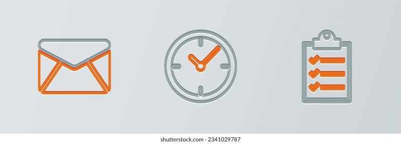 Set line Clipboard with checklist, Envelope and Clock icon. Vector