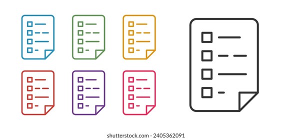 Establecer la línea Portapapeles con el icono de lista de verificación aislado en fondo blanco. Símbolo de lista de controles. Encuesta o formulario de respuesta al cuestionario. Indique los iconos en colores. Vector