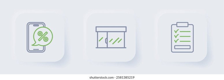 Set line Clipboard with checklist, Market store and Percent discount on phone icon. Vector