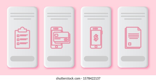 Set line Clipboard with checklist, Mobile phone and credit card, Smartphone with dollar symbol and File document. White rectangle button. Vector