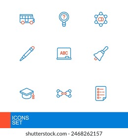 Set line Clipboard with checklist, Molecule, Graduation cap, Ringing bell, Pencil eraser, Chalkboard,  and Unknown search icon. Vector