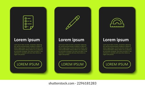Set line Clipboard with checklist, Pencil eraser and Protractor grid. Business infographic template. Vector