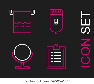 Set line Clipboard with checklist, Round makeup mirror, Electrical hair clipper shaver and Towel on hanger icon. Vector