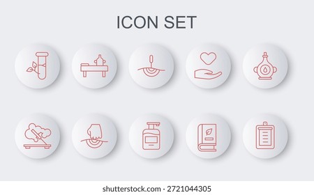 Set-line Zwischenablage mit Checkliste, Duft-Spa-Stick, Akupunktur-Therapie, Medizinisches Buch, Laborglas und Blätter, Massage-Tischöl und Flasche Flüssigseife-Symbol. Vektorgrafik