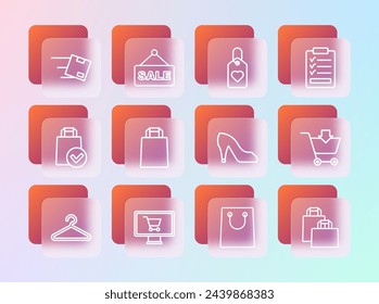 Set line Clipboard with checklist, Shopping cart on monitor, Woman shoe, Paper shopping bag, Heart tag, Location cardboard box and Hanging sign text Sale icon. Vector