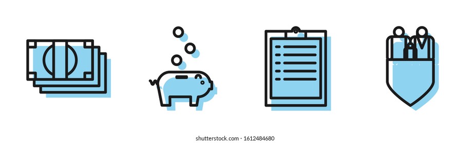 Set line Clipboard with checklist, Stacks paper money cash, Piggy bank with coin and Family insurance with shield icon. Vector