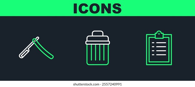 Set line Clipboard with checklist, Straight razor and Trash can icon. Vector