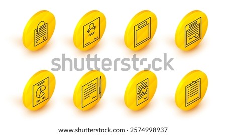 Set line Clipboard with checklist, Torn contract, Contract pen, Document graph chart, Filled form, Empty, Certificate template and File document and paper clip icon. Vector